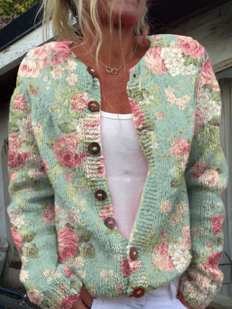 Women's Chic Floral Cardigan with Button Up and Ribbed Knit Cuffs