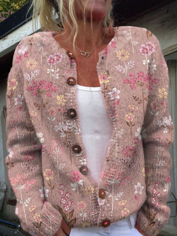 Women's Chic Floral Cardigan with Button Up and Ribbed Knit Cuffs