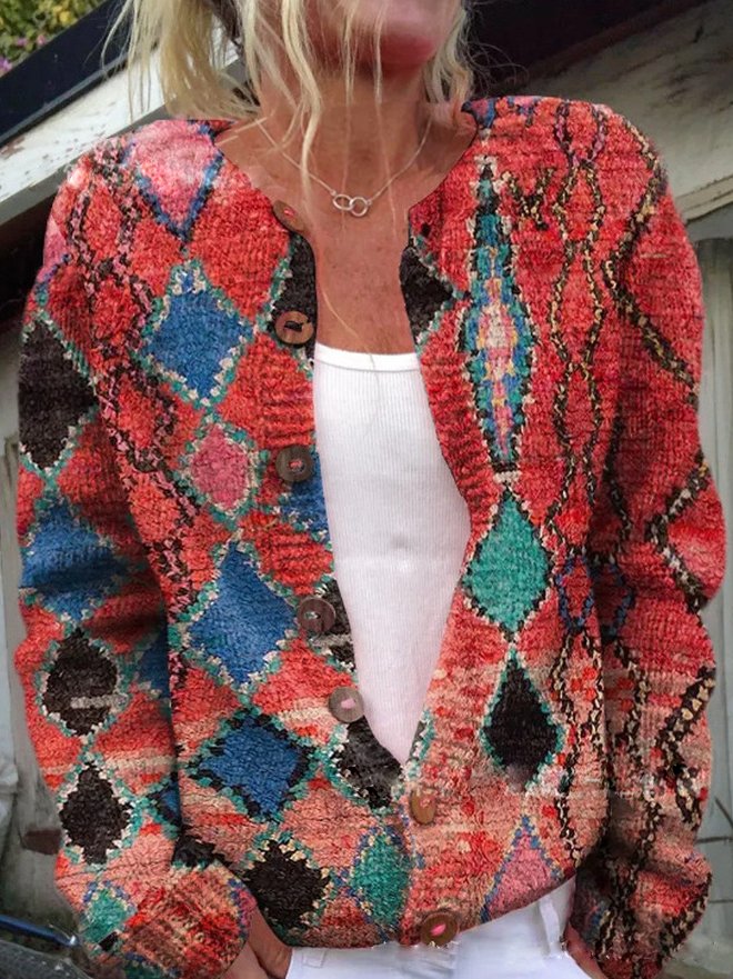 Women's Chic Floral Cardigan with Button Up and Ribbed Knit Cuffs