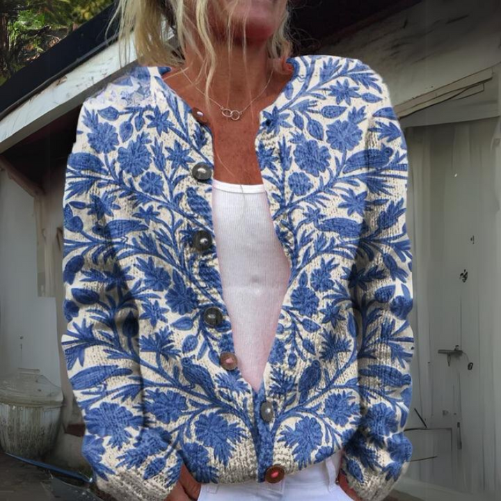Women's Chic Floral Cardigan with Button Up and Ribbed Knit Cuffs