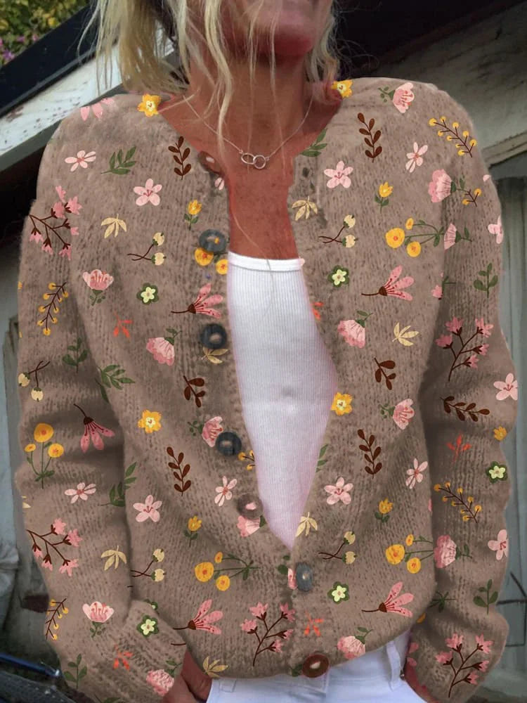 Women's Chic Floral Cardigan with Button Up and Ribbed Knit Cuffs