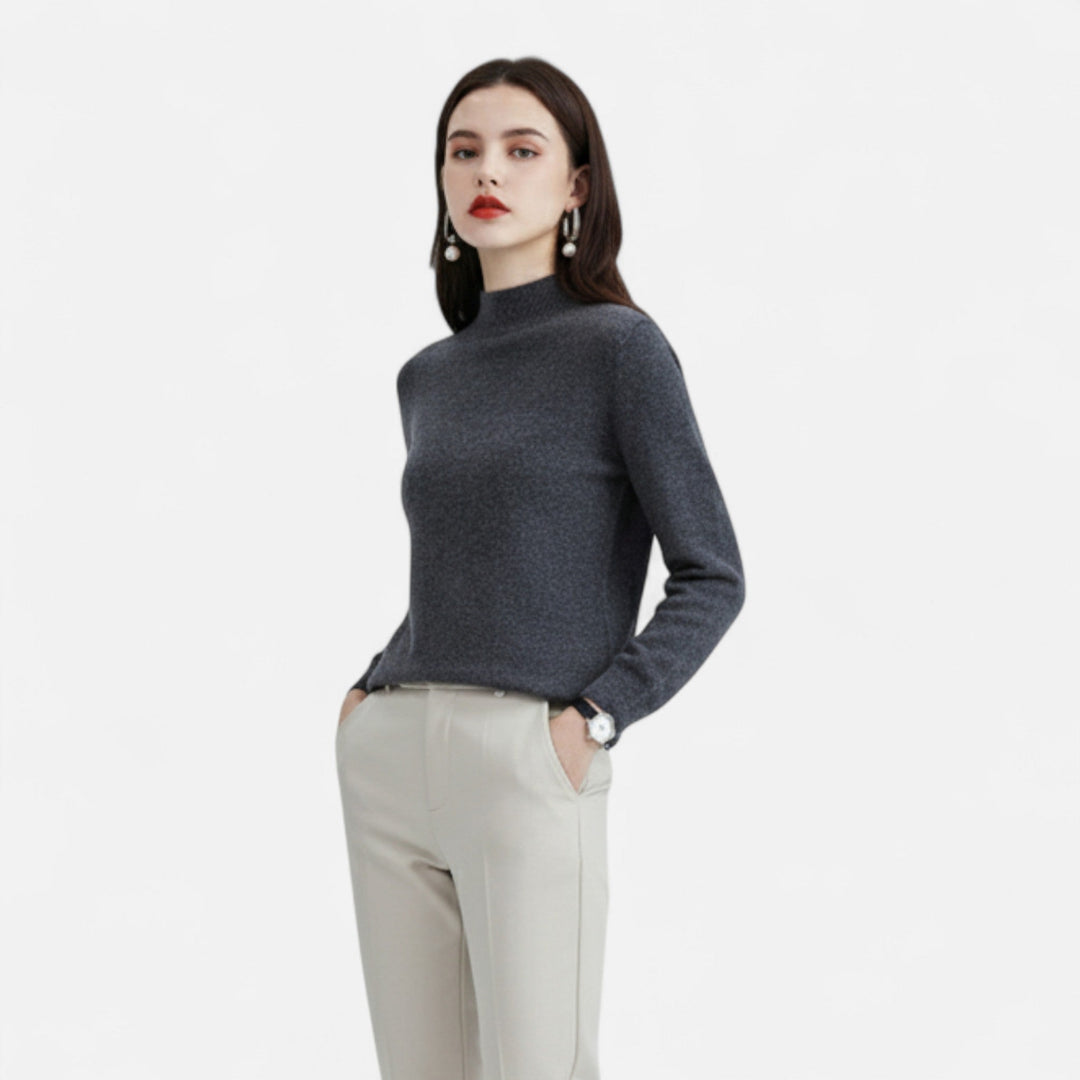 Women's Elegant Wool Jumper with Mock Neck and Ribbed Knit Cuffs