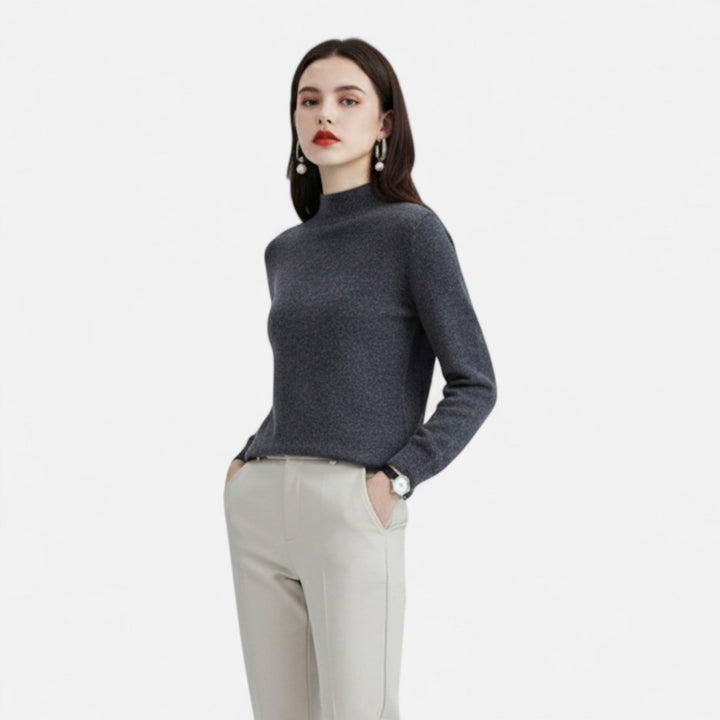 Women's Elegant Wool Jumper with Mock Neck and Ribbed Knit Cuffs