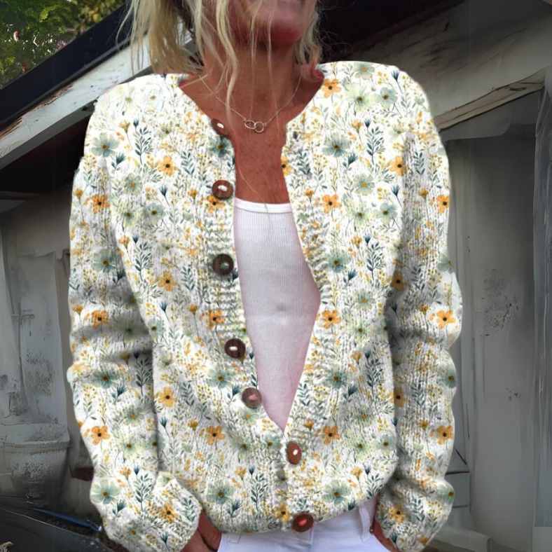 Women's Chic Floral Cardigan with Button Up and Ribbed Knit Cuffs