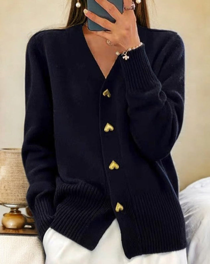 Women's Relaxed V Neck Button Up Cardigan with Ribbed Knit Cuffs