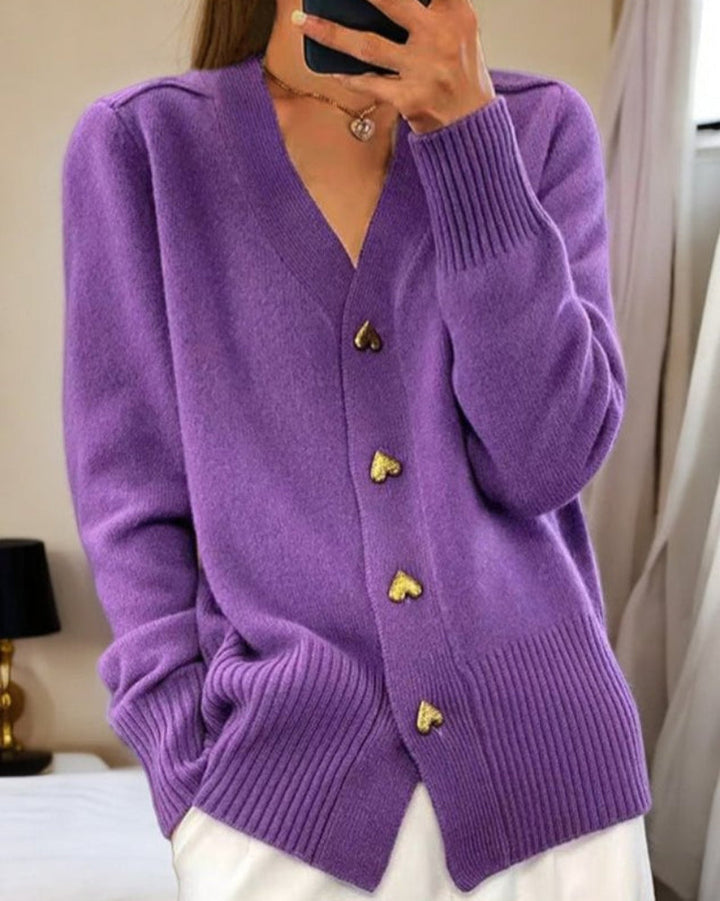 Women's Relaxed V Neck Button Up Cardigan with Ribbed Knit Cuffs
