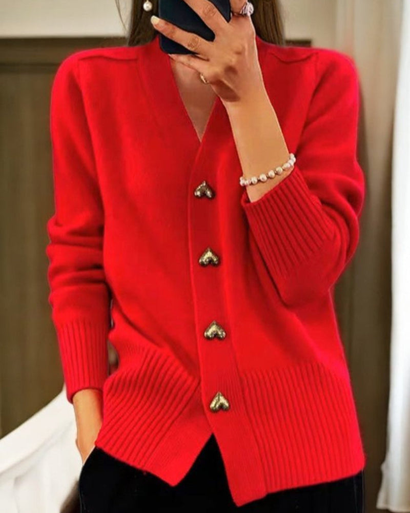 Women's Relaxed V Neck Button Up Cardigan with Ribbed Knit Cuffs